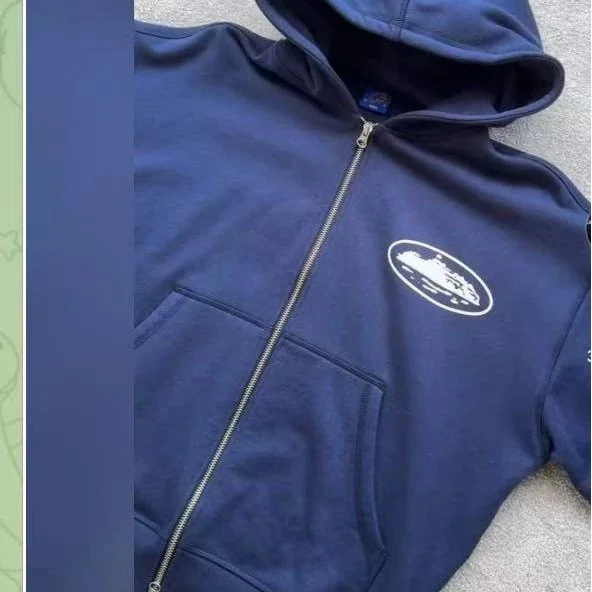 Navy Blue Zip-Up Hoodie with Oval Logo