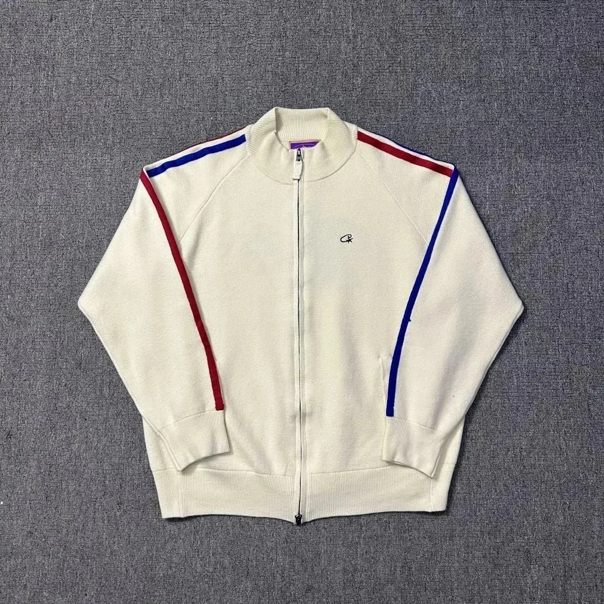 Unisex CR Track Jacket Ivory with Red and Blue Stripes