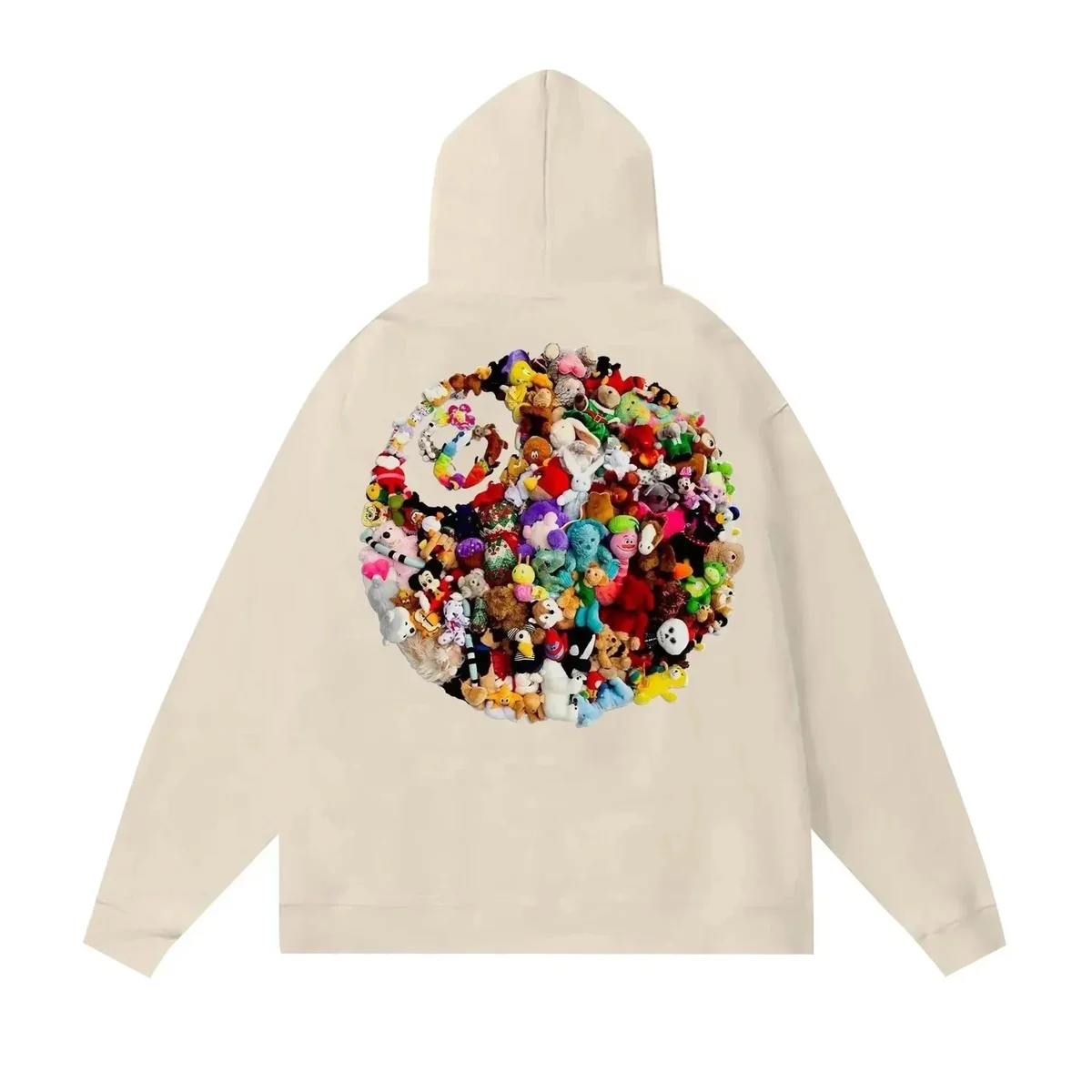 Unisex Beige Peace Sign Hoodie with Plush Toy Print