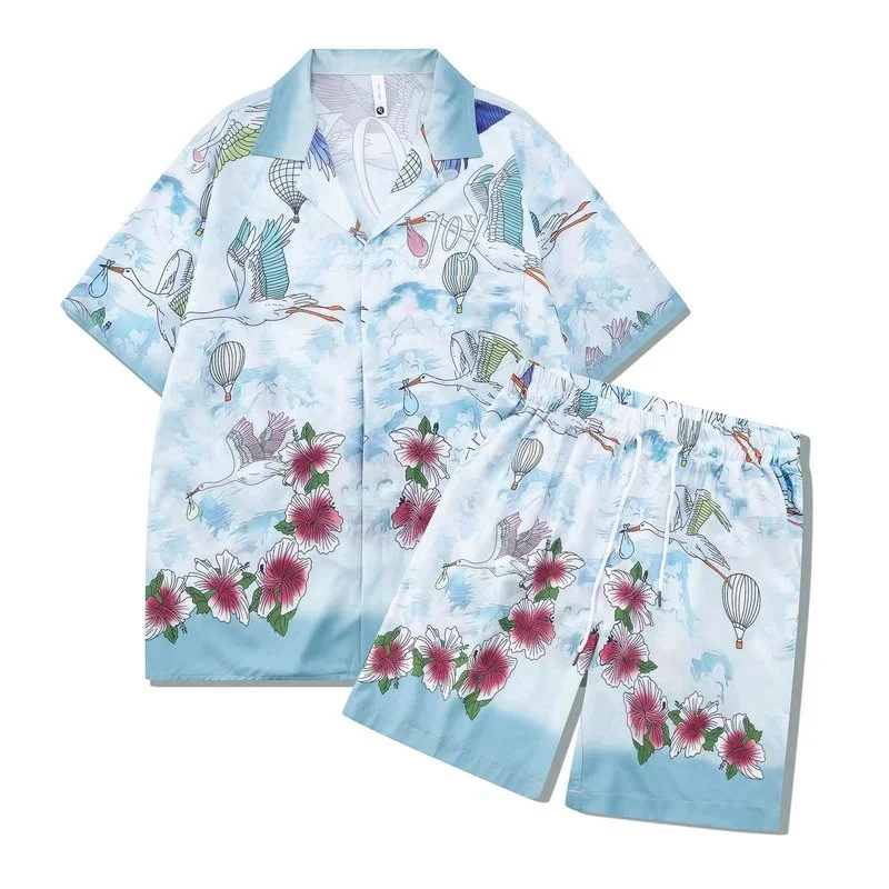 Unisex Stork & Flower Print Co-ord Set 02 Blue White