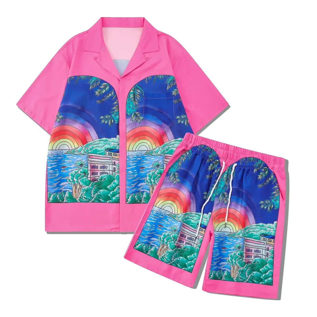Unisex Pink Rainbow Landscape Shorts & Shirt Set