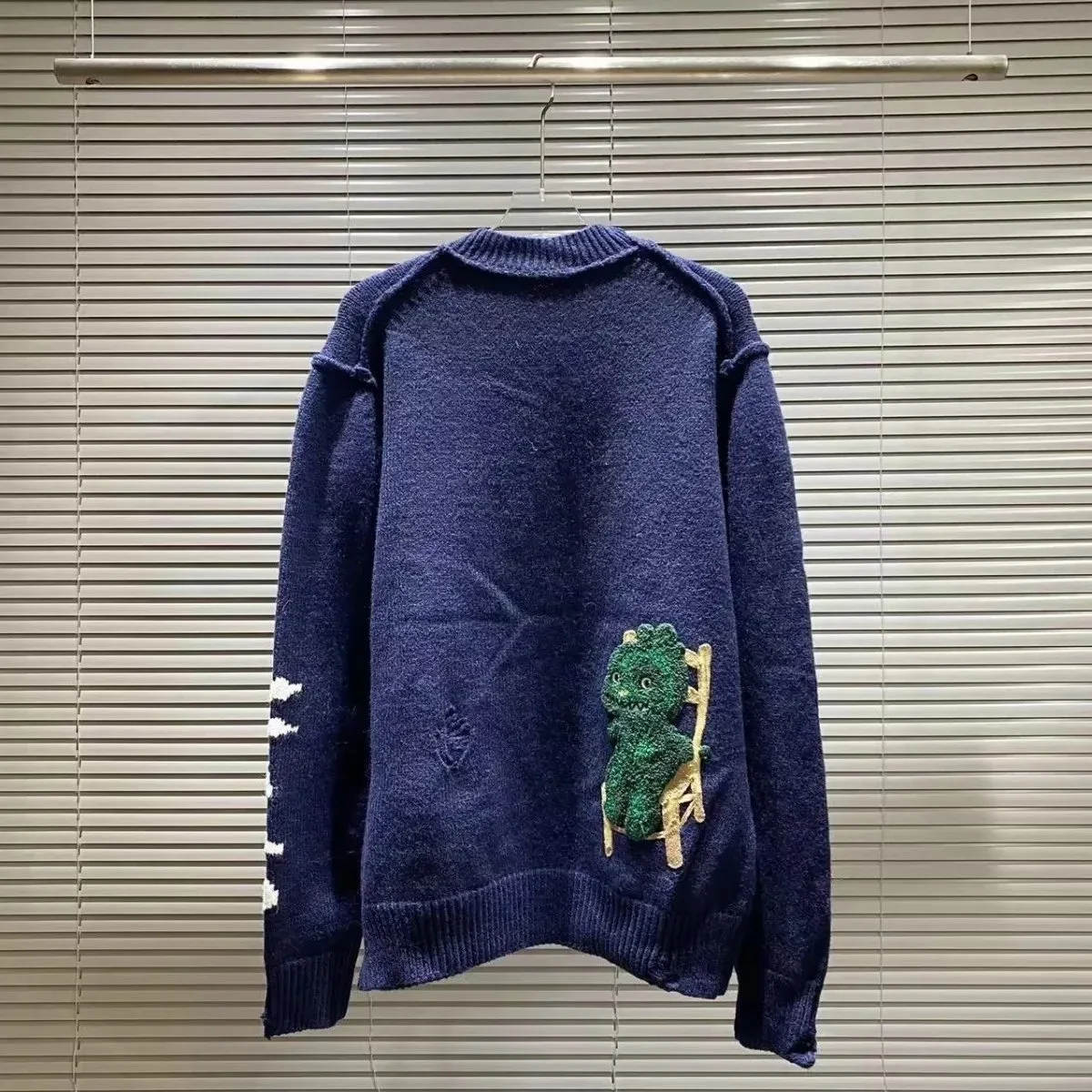 Navy Blue Cartoon Embroidered Knit Sweater