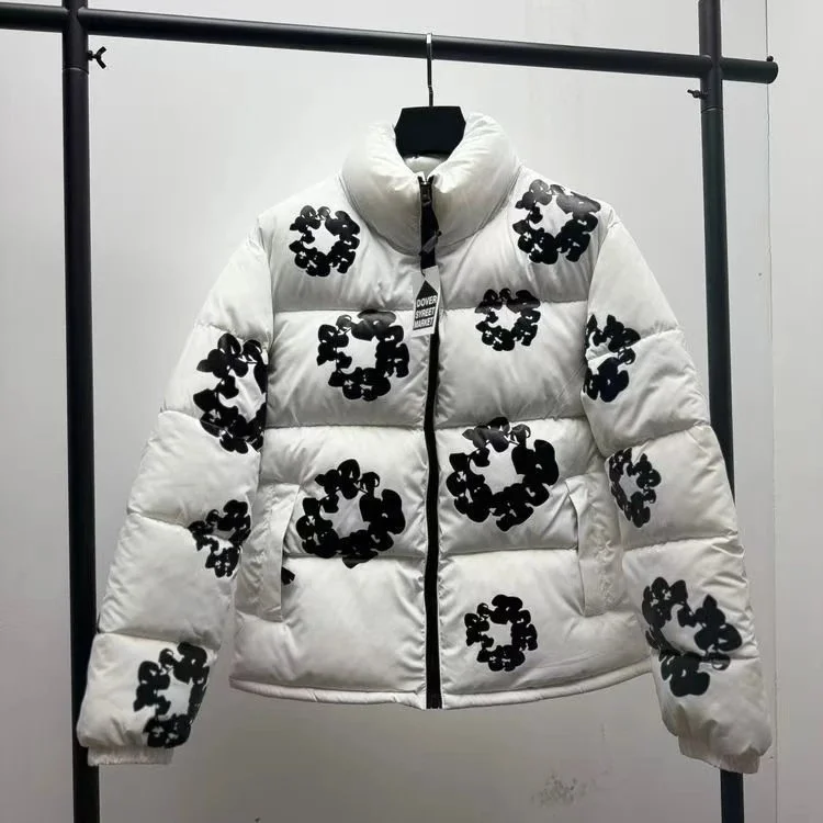 White Floral Print Puffer Jacket