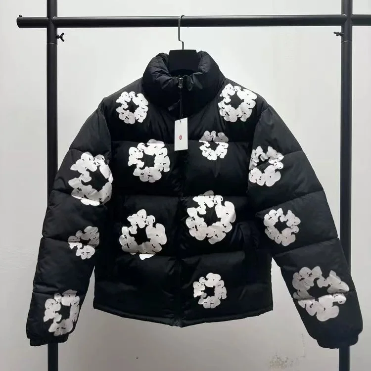 Black Floral Print Puffer Jacket