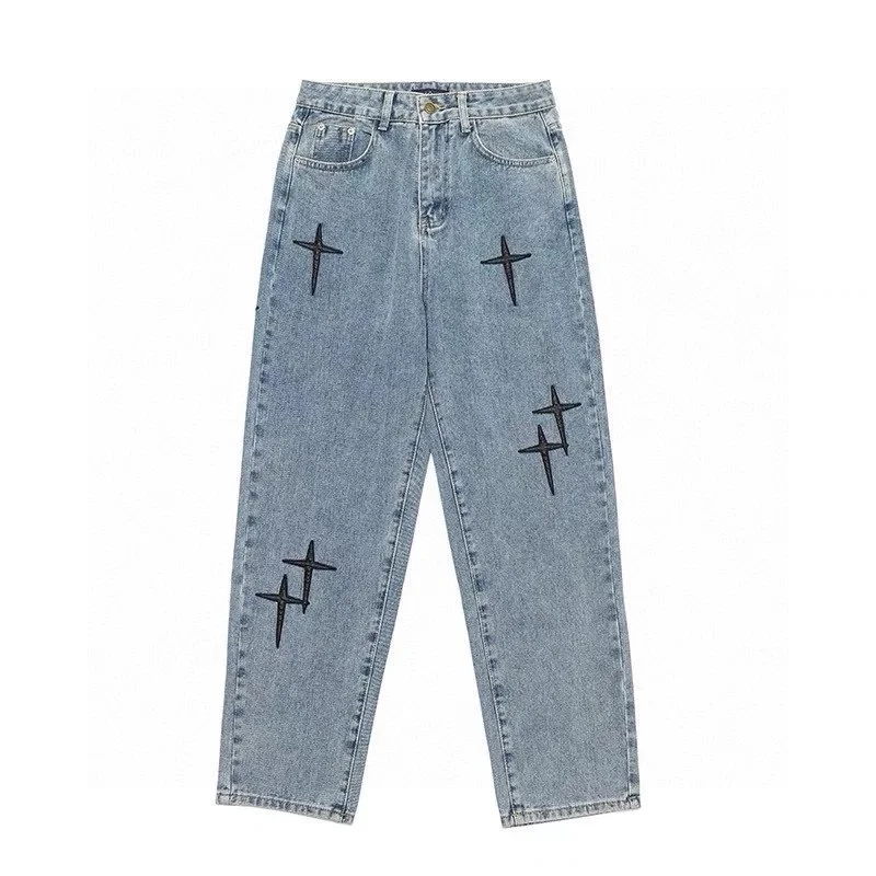 Unisex Light Blue Cross Embroidered Jeans
