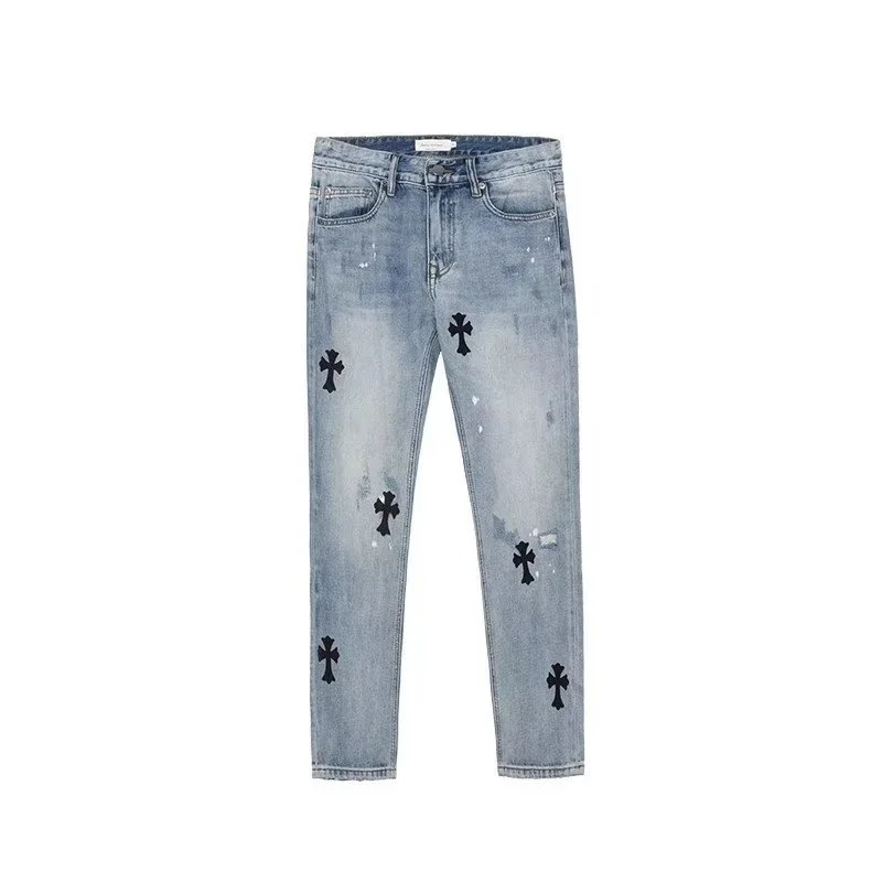 Chrome Hearts Cross Embroidered Jeans Light Wash Men