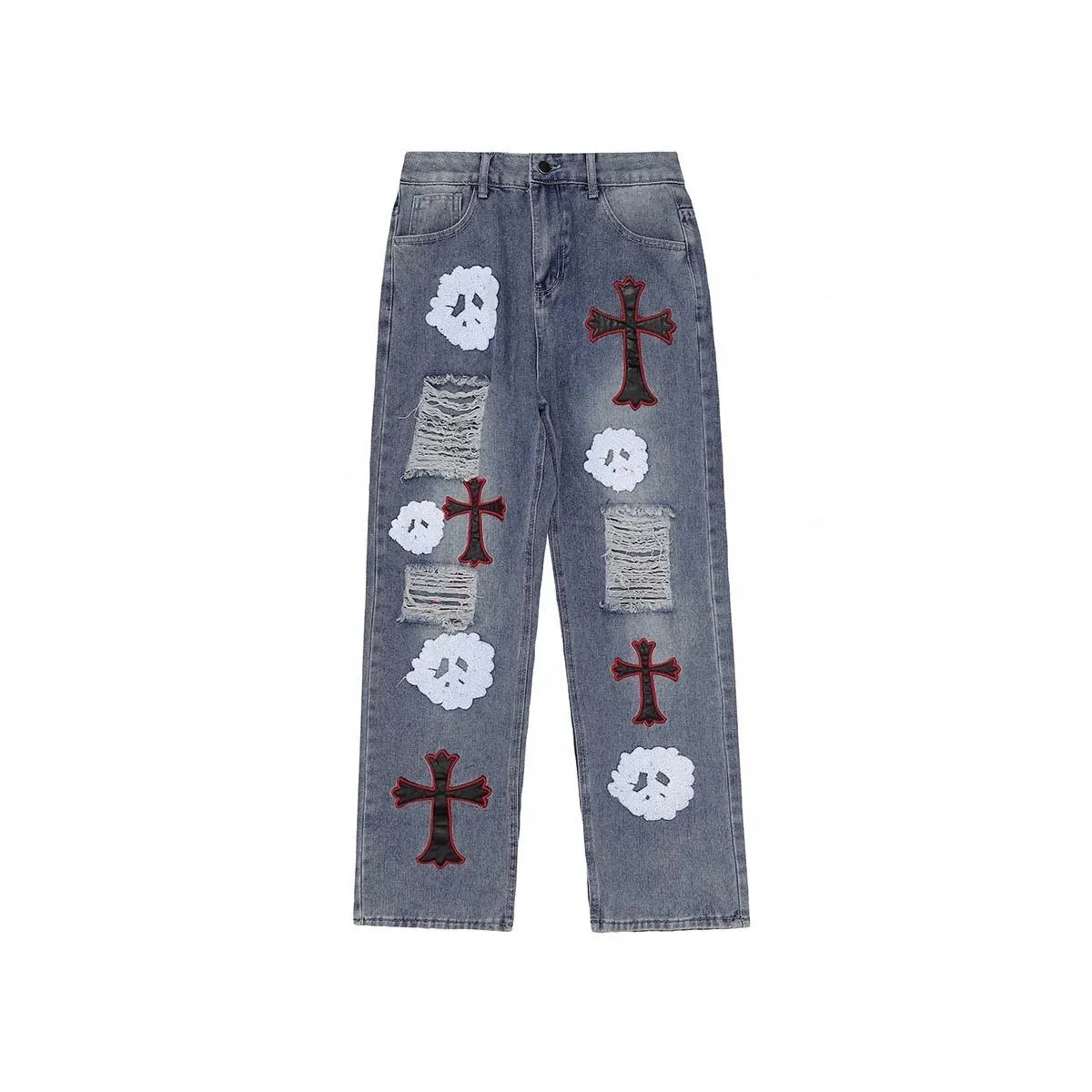 Distressed Cross & Peace Denim Jeans