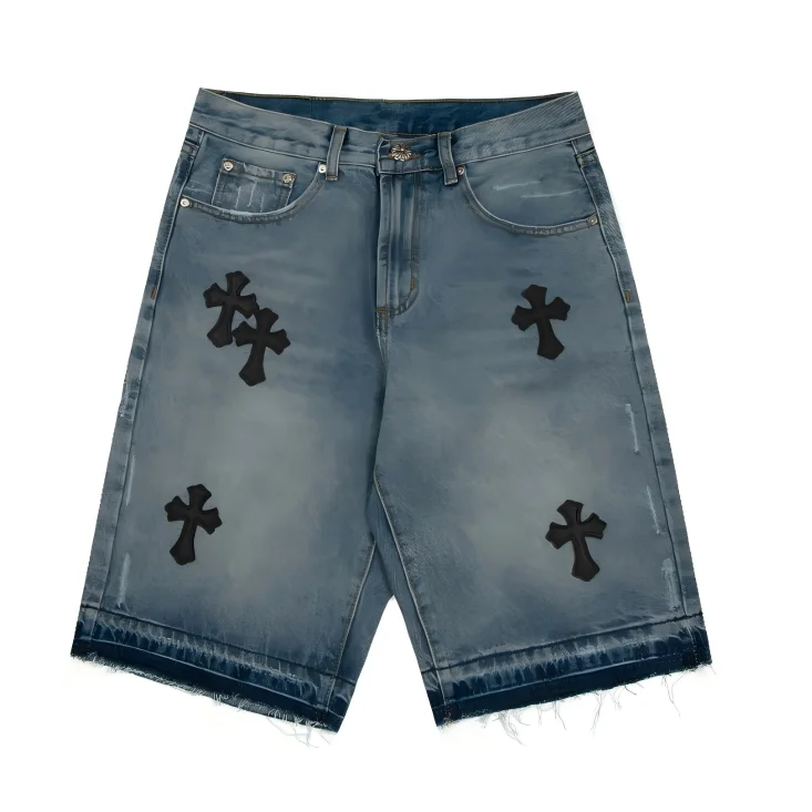 Unisex Distressed Cross Denim Shorts