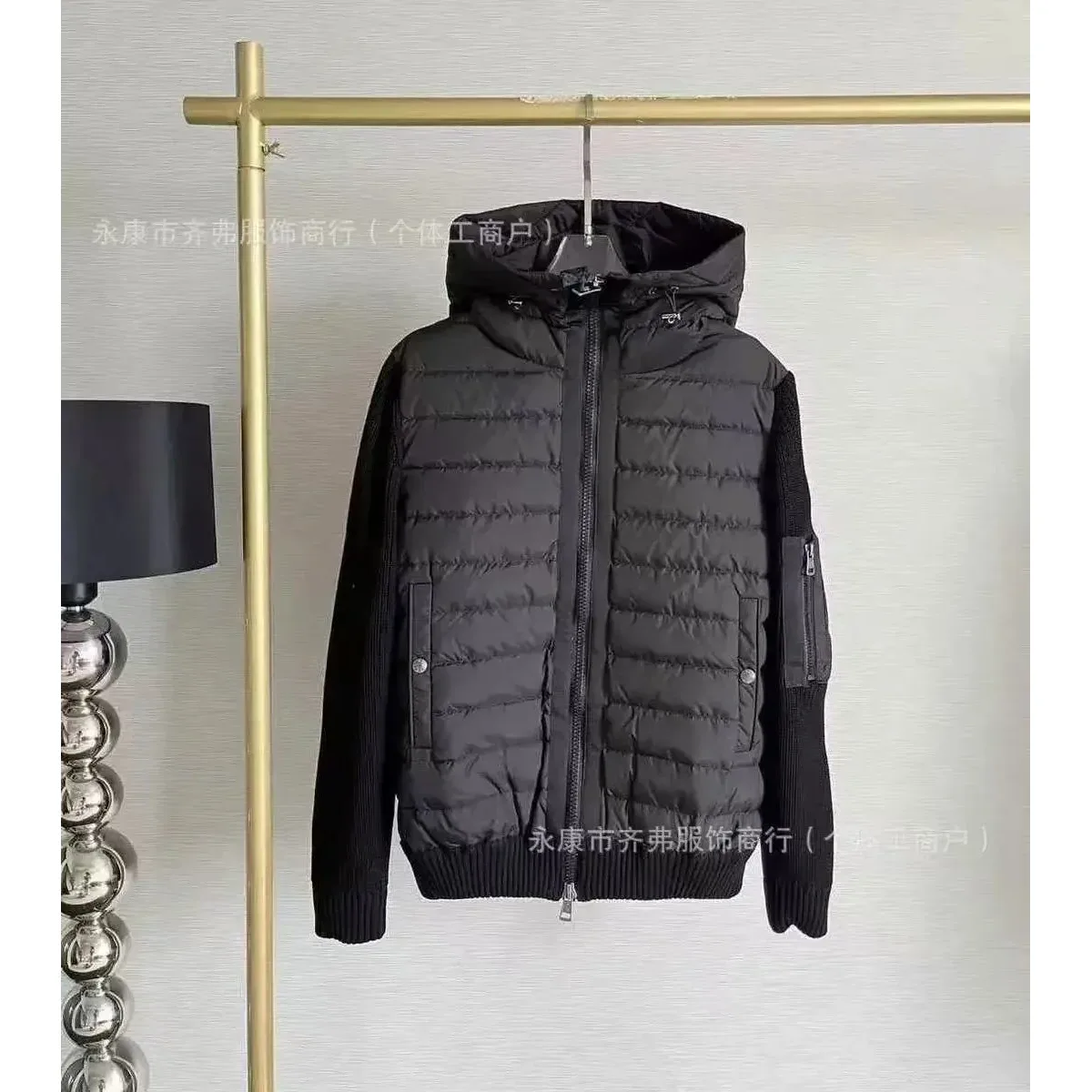 Black Hooded Quilted Jacket with Knit Sleeves