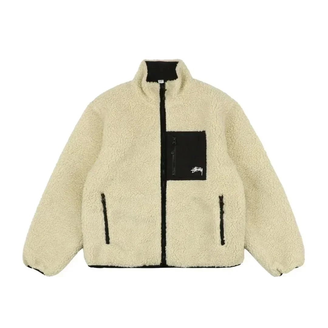 Stussy Cream Fleece Jacket with Black Pockets