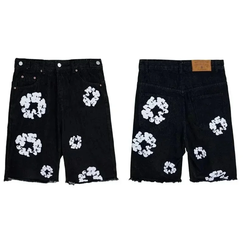 Black Floral Denim Shorts