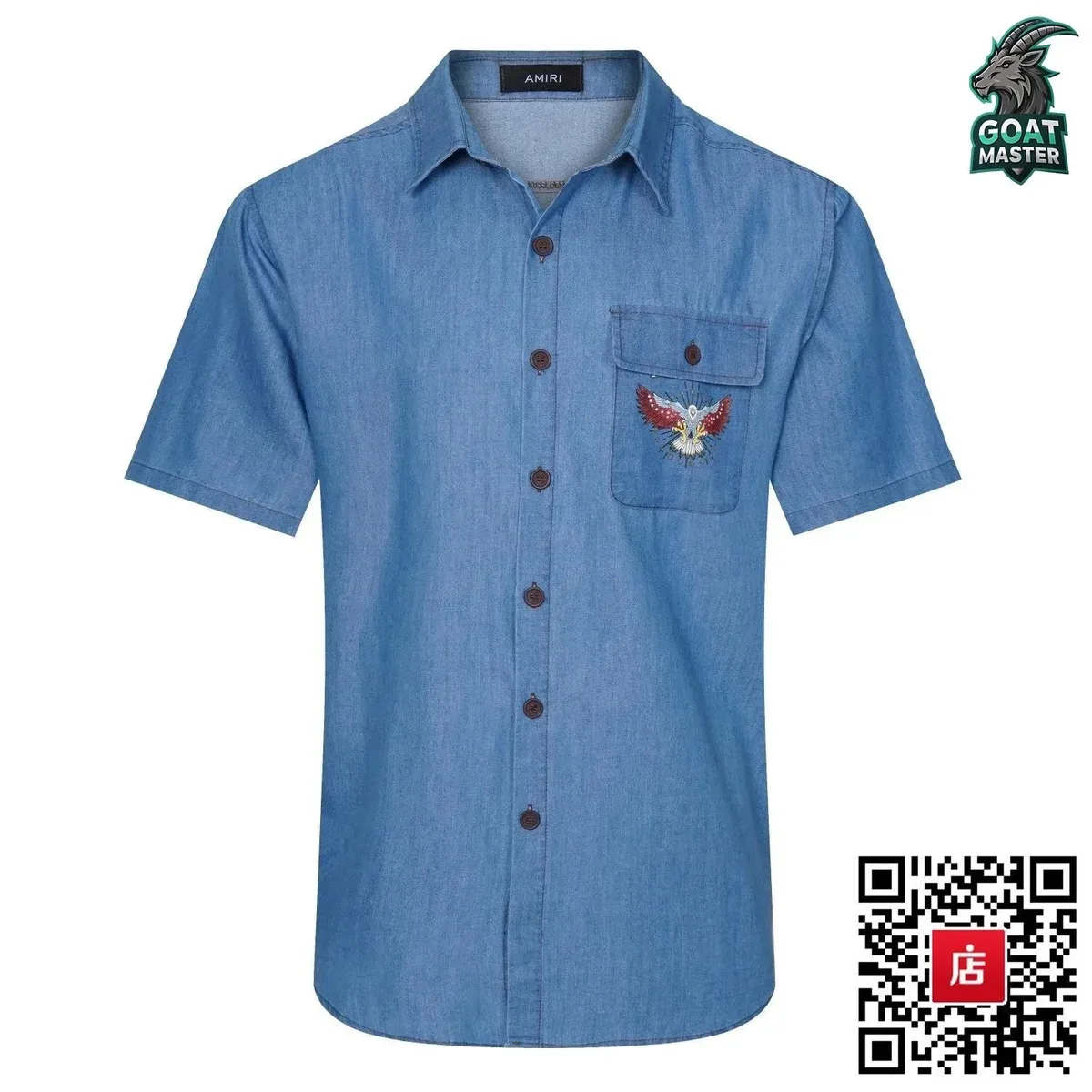 Amiri Blue Eagle Embroidered Short-Sleeve Shirt