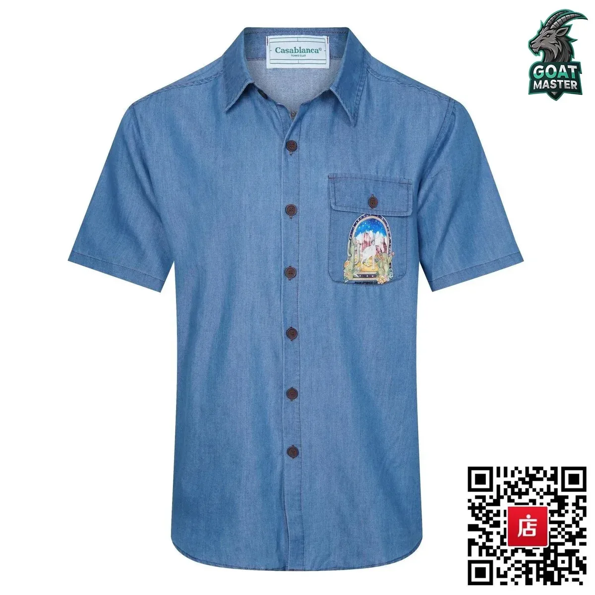 Casablanca Denim Short-Sleeve Shirt with Embroidered Patch