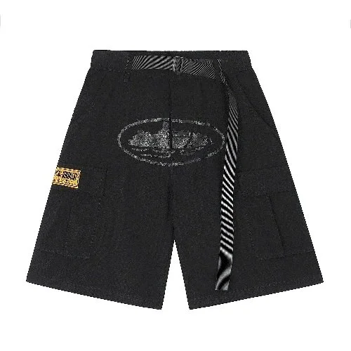 Black Cargo Shorts with Distressed Logo and Striped Belt