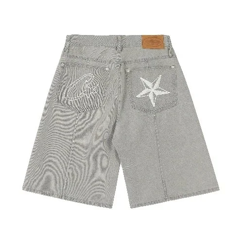 Other Unisex Grey Denim Star & Wave Shorts Grey - 1