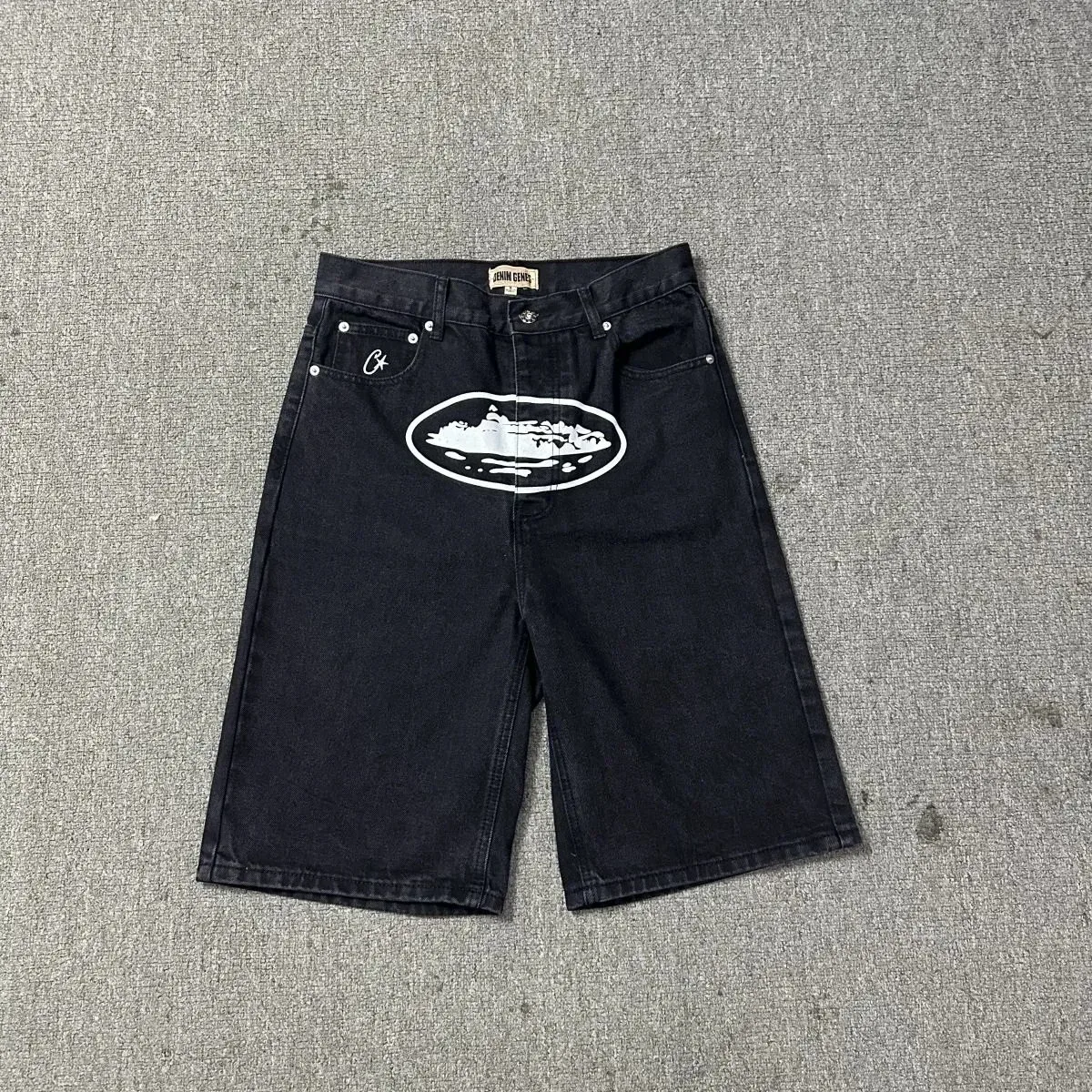 Black Denim Shorts with White Graphic Print