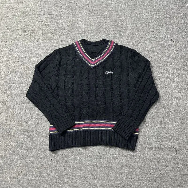 Unknown Brand Cable Knit V-Neck Sweater Black with Color Accents