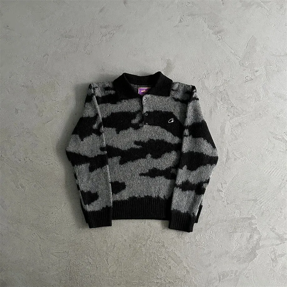 Unisex Camouflage Knit Polo Sweater 09