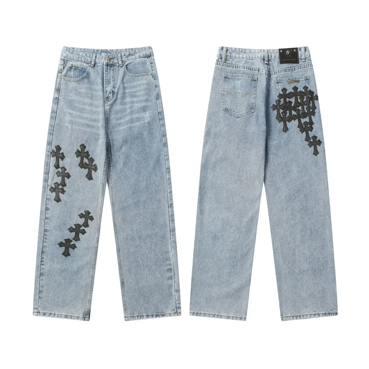 Chrome Hearts Cross Embroidered Jeans Light Blue Denim