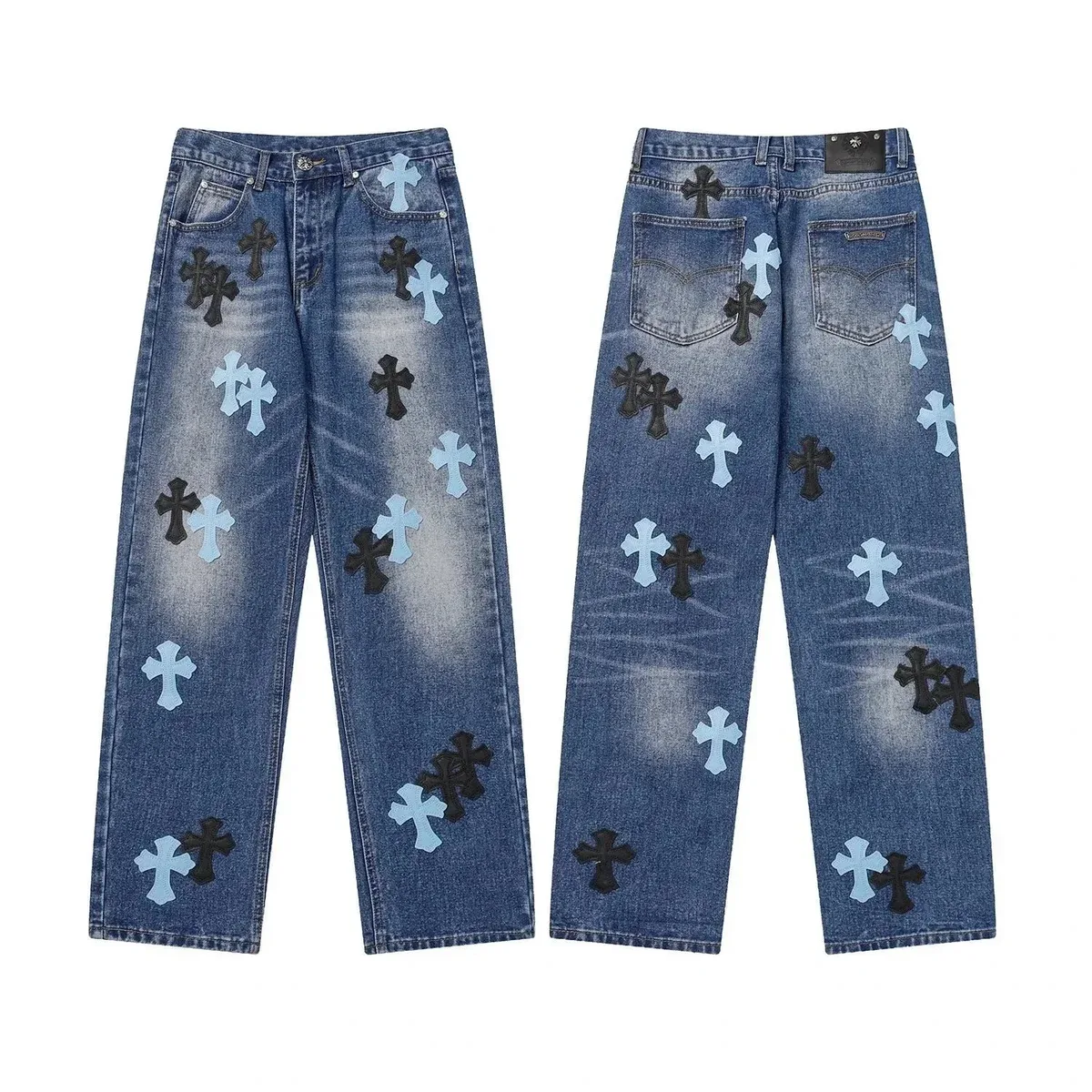 Cross Applique Denim Jeans Blue Casual