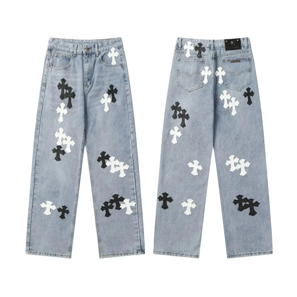 Chrome Hearts Cross Embroidered Jeans Light Blue