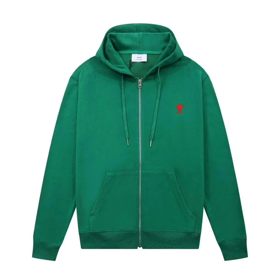 Ami Paris Green Hoodie with Red Logo Zip-Up