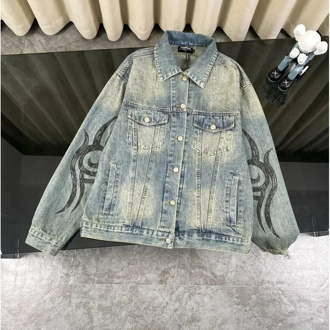 Unisex Distressed Denim Jacket with Tribal Print