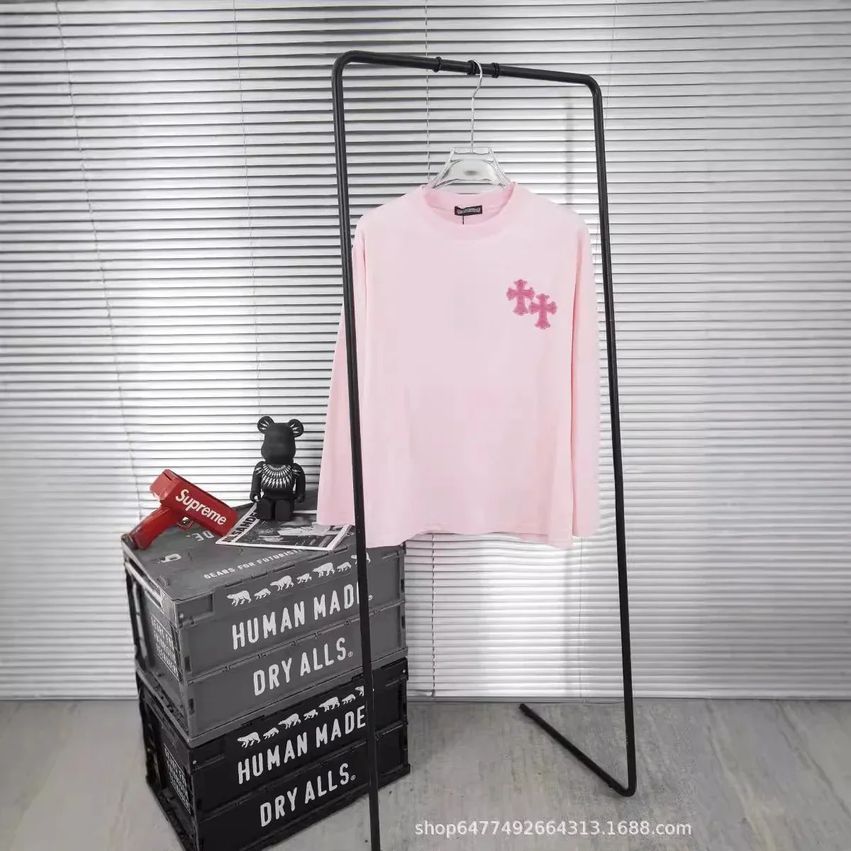 Chrome Hearts Pink Cross Embroidered Long Sleeve T-Shirt