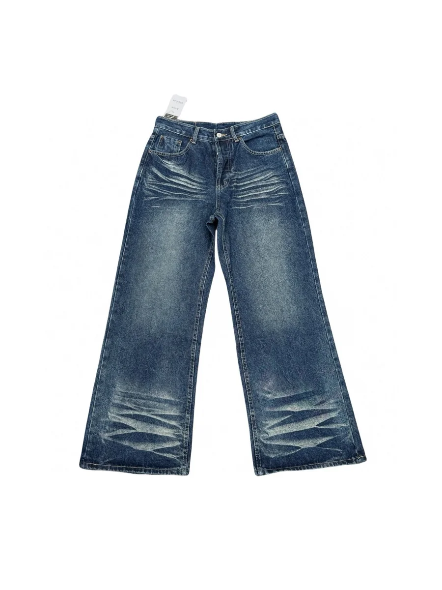 Wide Leg Denim Jeans with Distressed Details