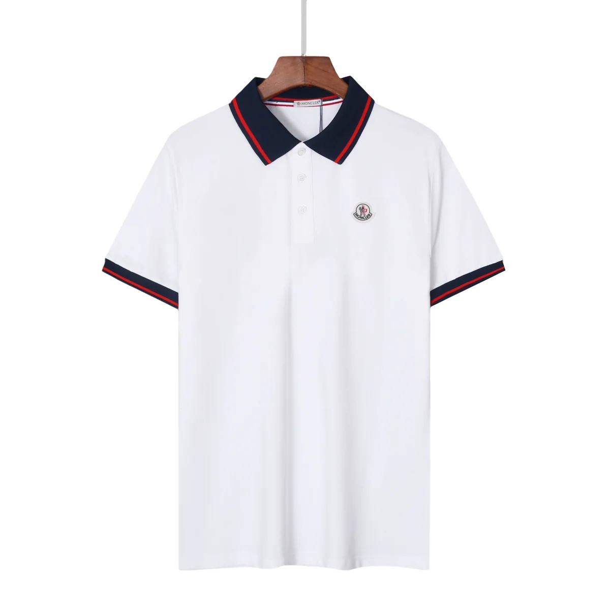 Moncler White Polo Shirt with Navy & Red Trim