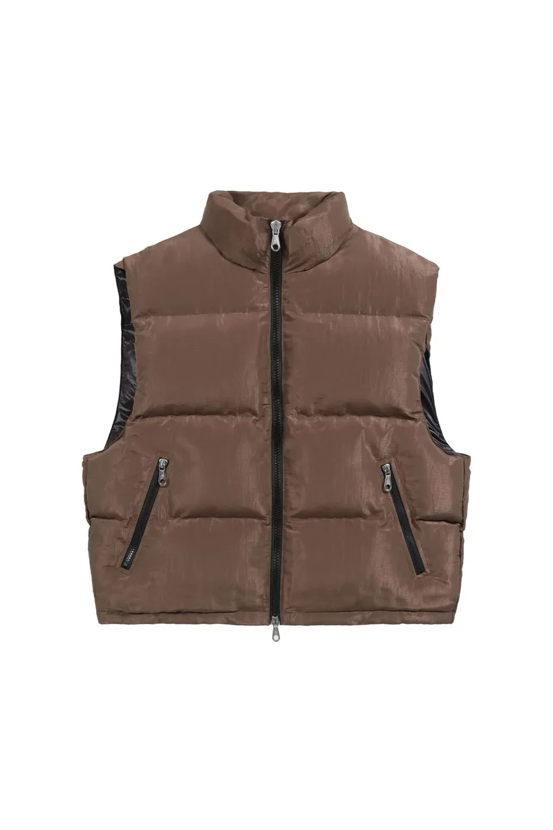 Unisex Brown Puffer Vest with Black Trim