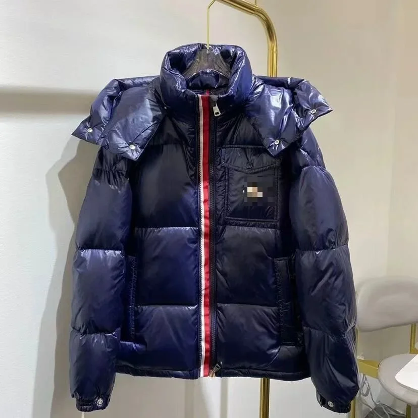 Navy Blue Puffer Jacket with Red Stripe Parka