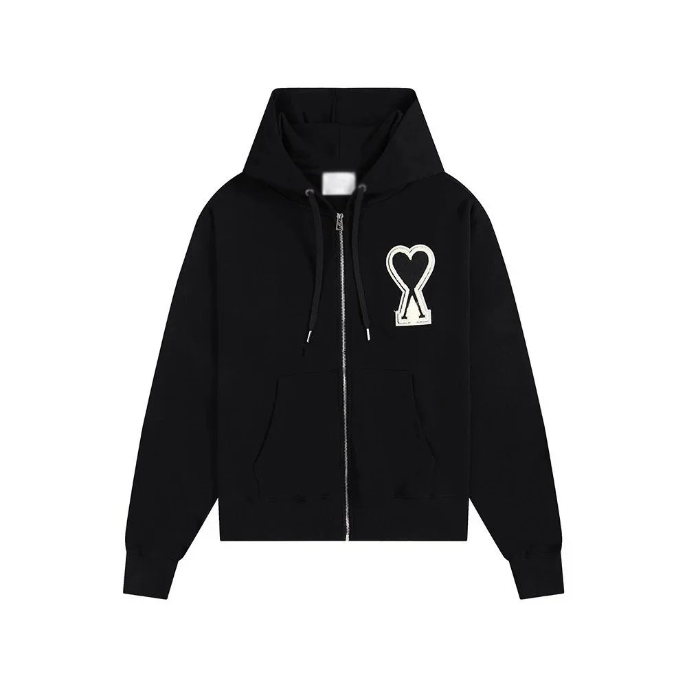 Ami Paris Heart Zip-Up Hoodie Black
