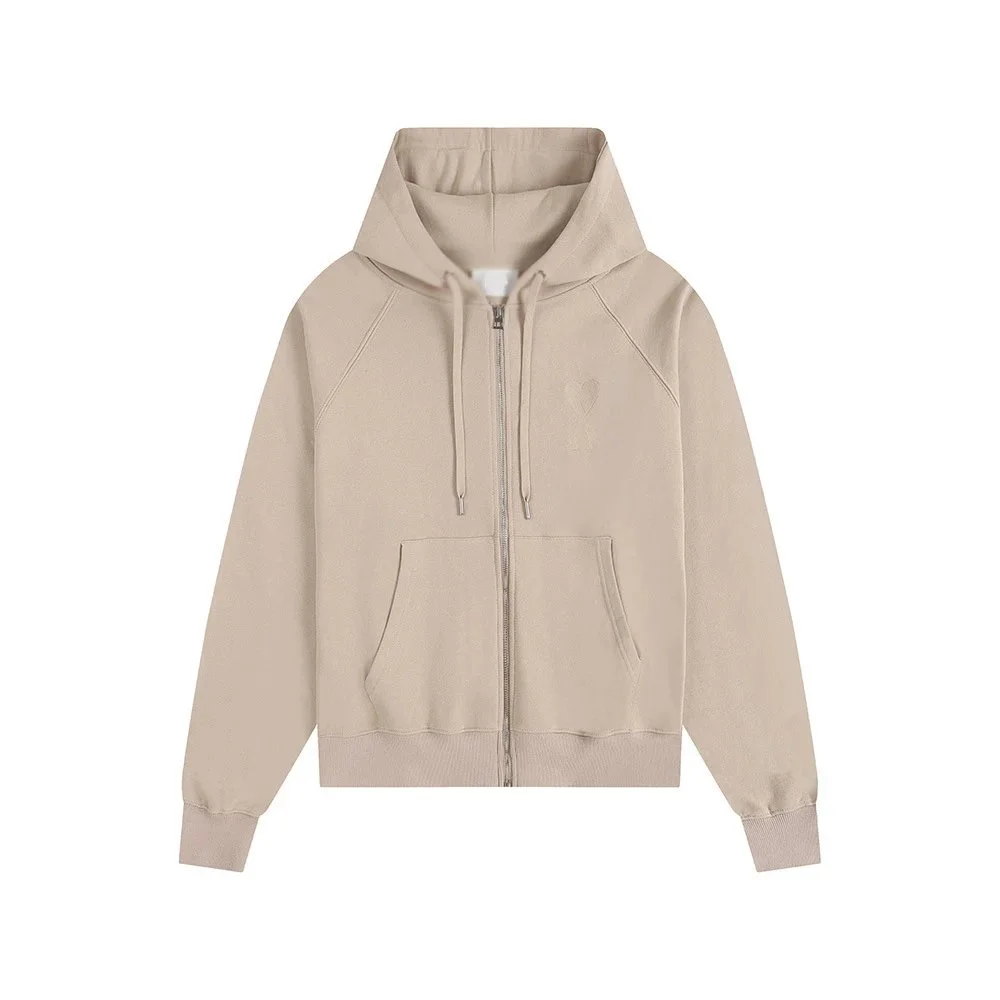 Unisex Beige Zip-Up Hoodie with Heart Logo