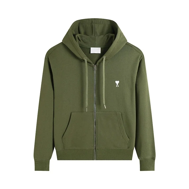 Ami Paris Olive Green AM Heart Zip-Up Hoodie