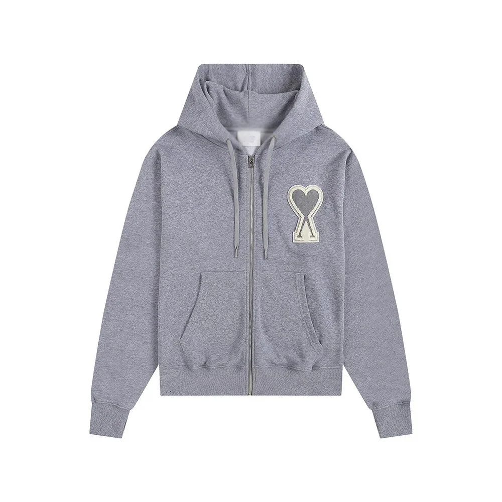Ami Paris Ami de Coeur Grey Zip-Up Hoodie