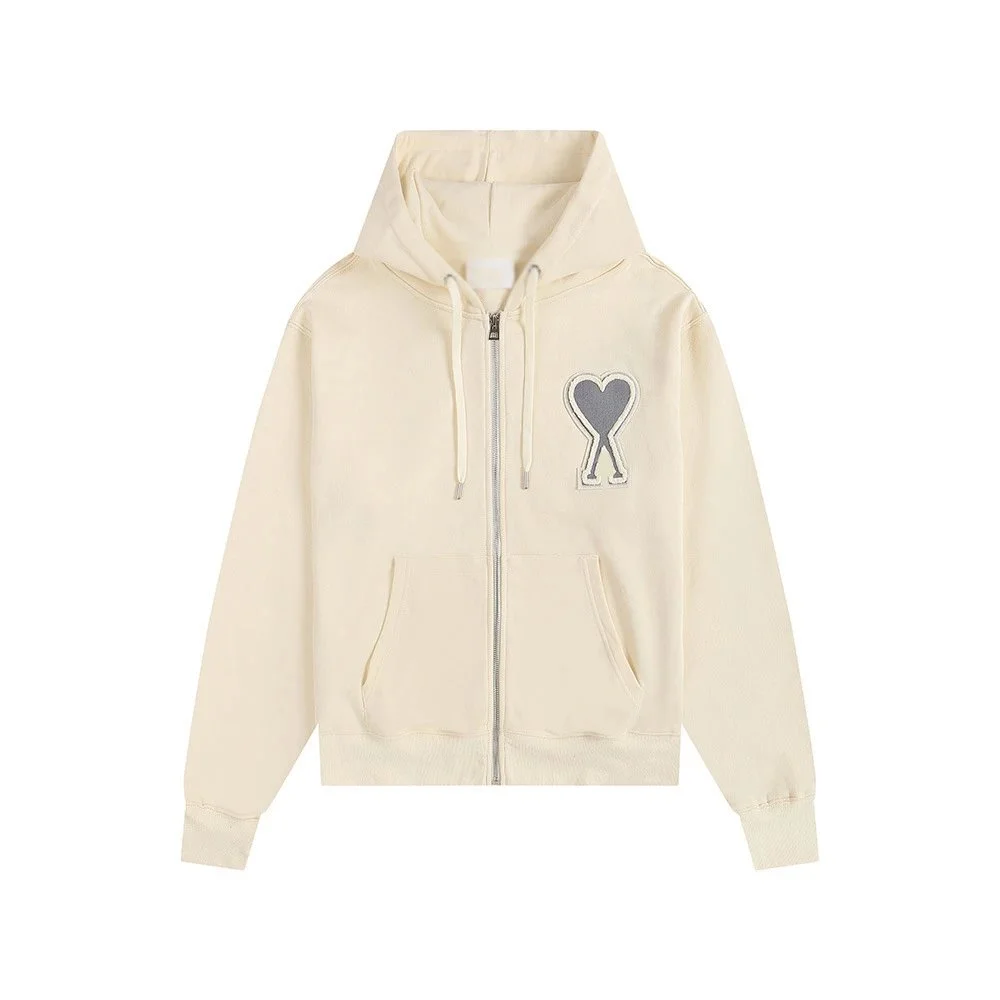 Ami Paris Cream AM Heart Zip-Up Hoodie