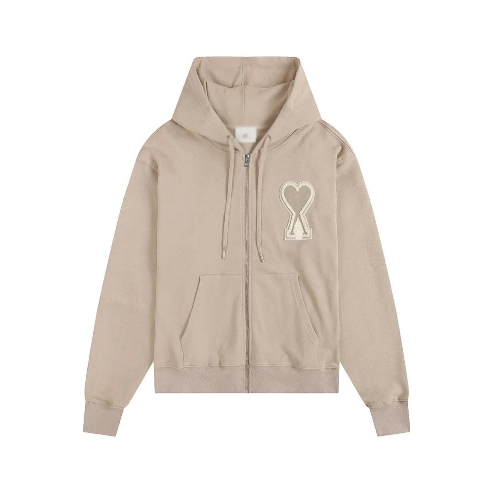 Ami Paris Beige Heart Zip-Up Hoodie