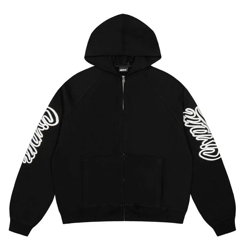 Black Zip-Up Hoodie with Embroidered Sleeves