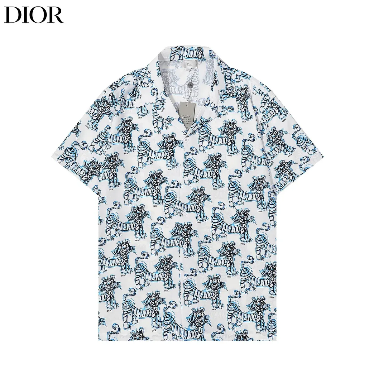 Dior Tiger Print Short Sleeve Shirt White/Blue Casual
