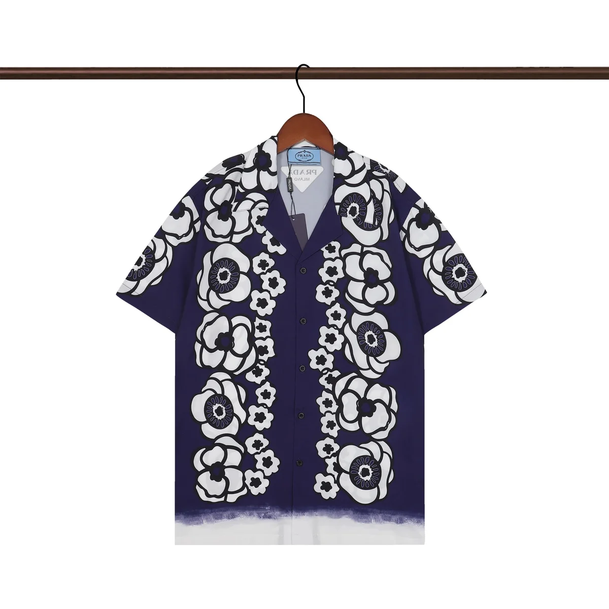 Prada Floral Print Short Sleeve Shirt Navy/White