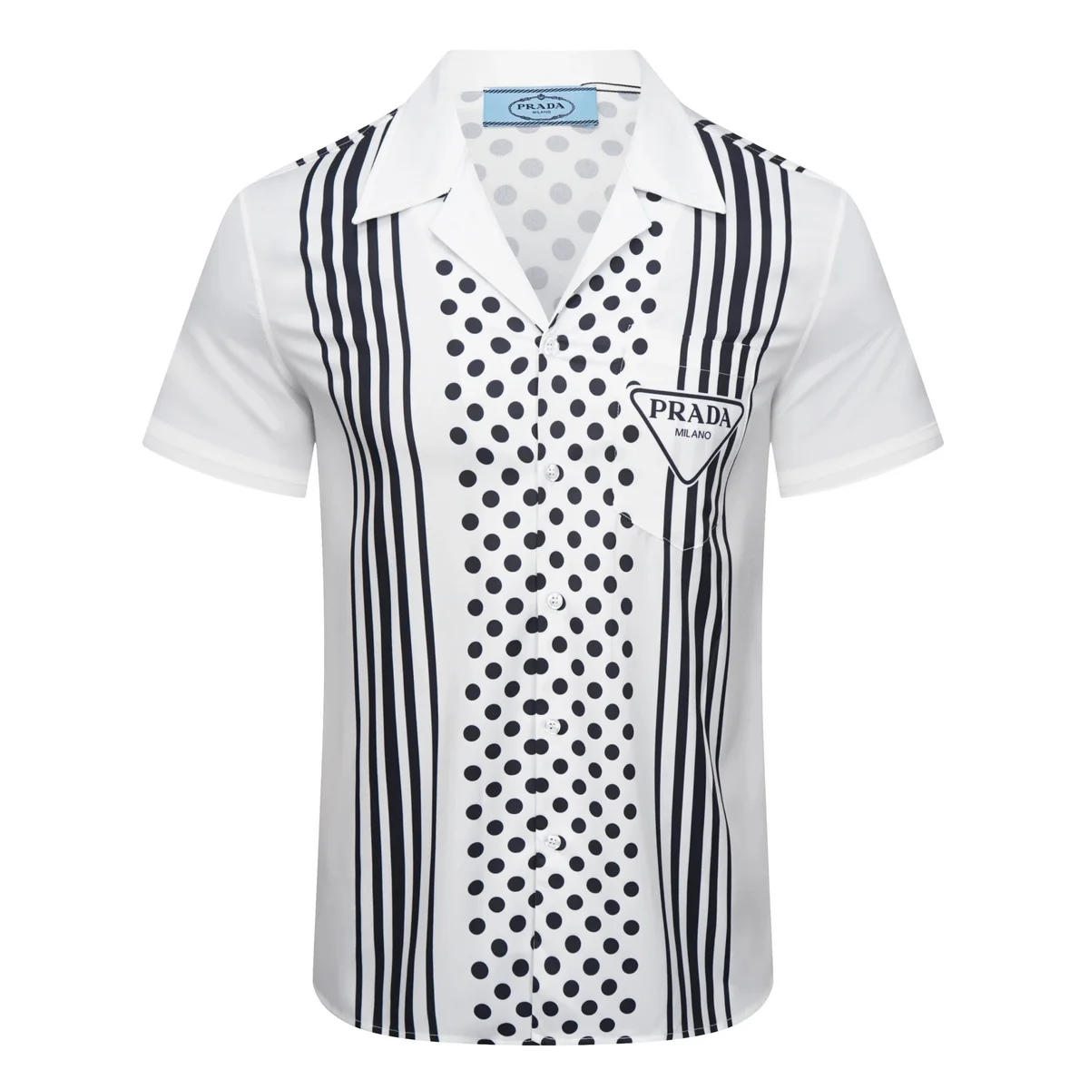 Prada White & Black Striped Polka Dot Short Sleeve Shirt