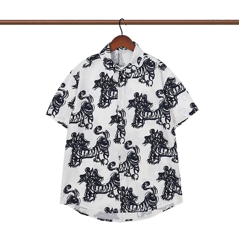 Patterned Short Sleeve Shirt with Black Tiger Print