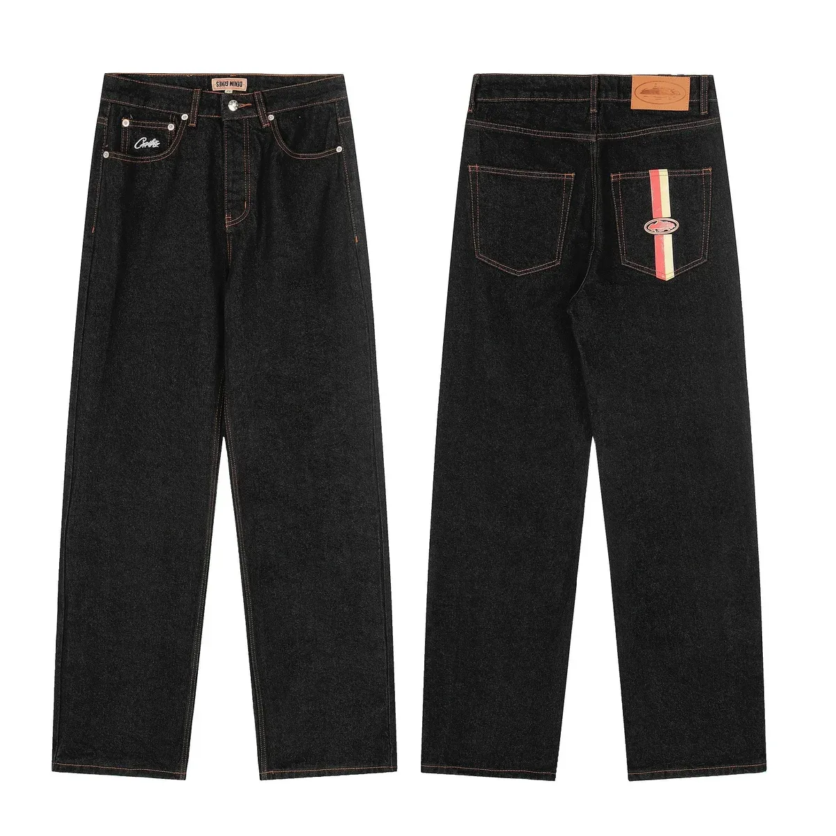 Unisex Black Jeans with Colorful Back Pocket Detail