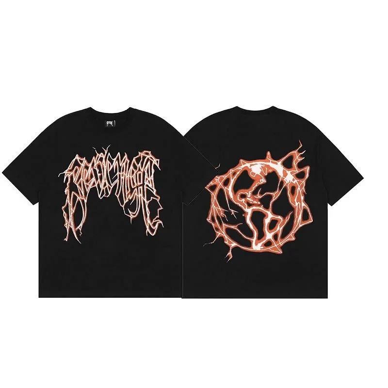 Black Graphic T-Shirt with Orange Print