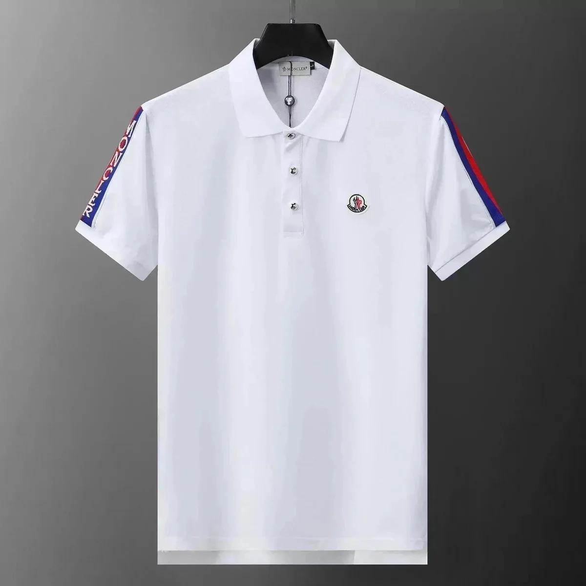 Moncler White Polo Shirt with Striped Sleeves