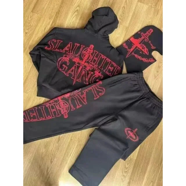 Black 'Slaughter Gang' Tracksuit with Red Embroidery