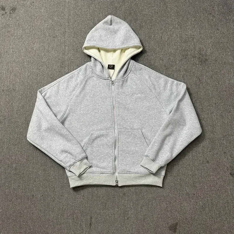 Gray Hoodie with Zipper and Embroidery
