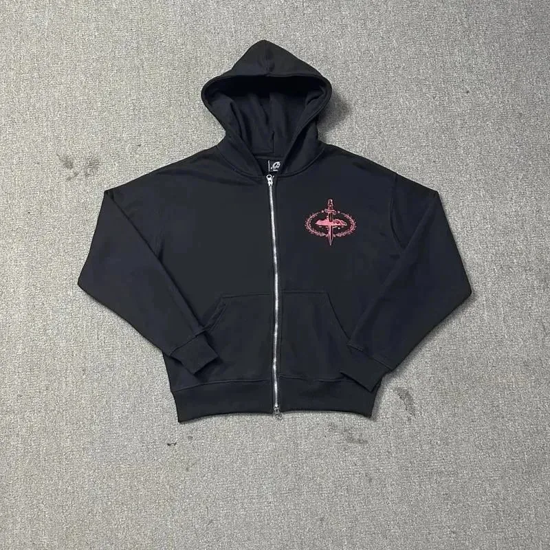 Black Zip-Up Hoodie with Pink Embroidery