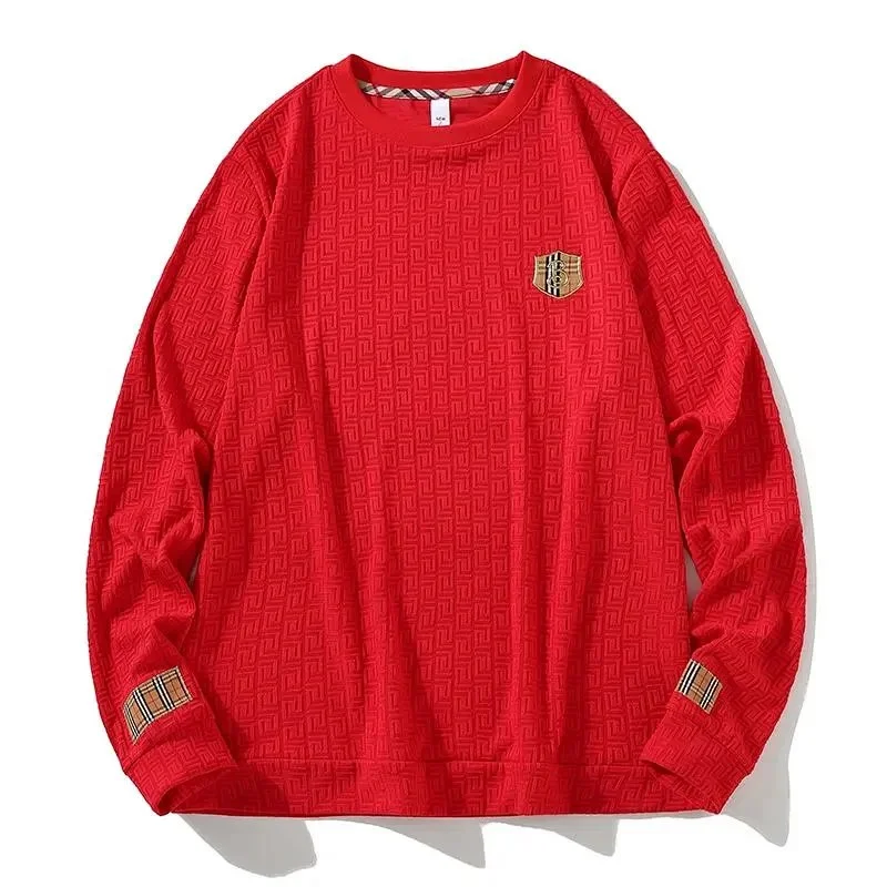 Red Patterned Long-Sleeve T-Shirt with Embroidered Patch